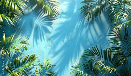 Vibrant tropical leaves casting shadows on a bright blue textured wall  creating a summer ambiance.