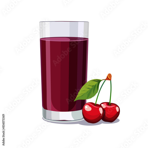 Full glass of pink freshly squeezed cherry juice. Isolated vector summer drink for flat design