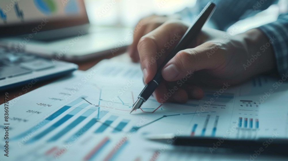 A hand holding a pen analyzing a printed business graph on paper, making strategic decisions based on market analysis and forecasts. A hand holding a pen analyzing a printed business graph on paper, making strategic decisions based on market analysis and forecasts.