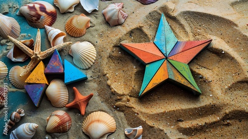 A tangram set creating a starfish, set against a beachthemed background with sand and shells photo