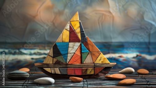 A tangram set with pieces arranged to create a boat, set against a nauticalthemed backdrop photo