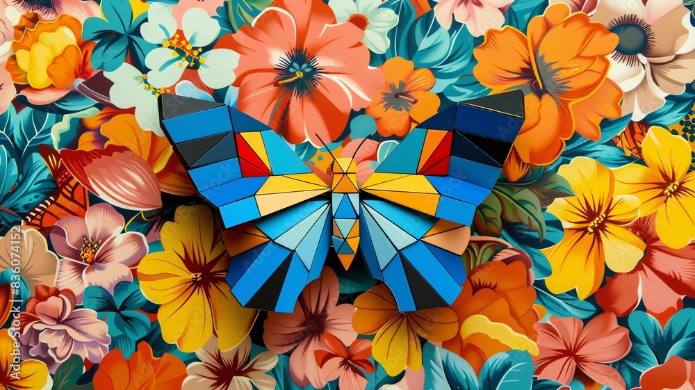 A tangram set forming a butterfly, set against a bright, floral background A tangram set forming a butterfly, set against a bright, floral background