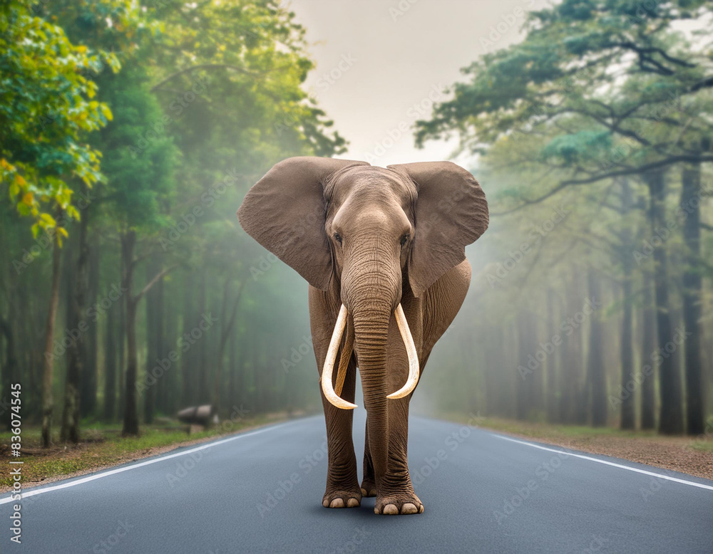 Obraz premium Black big elephant bloacking the road. Entering human inhabited place. 