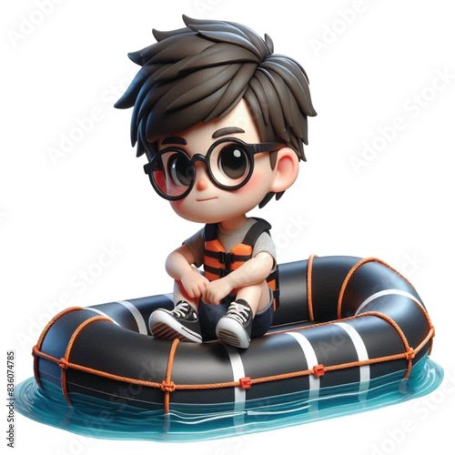 boy sitting on a rubber boat 3D render  
