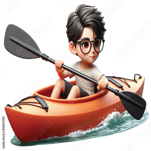 boy sitting on a rubber boat 3D render  
