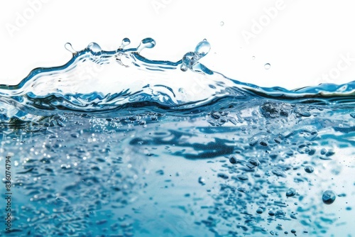 clean blue water surface with splash, ripple and air bubbles underwater on white background 