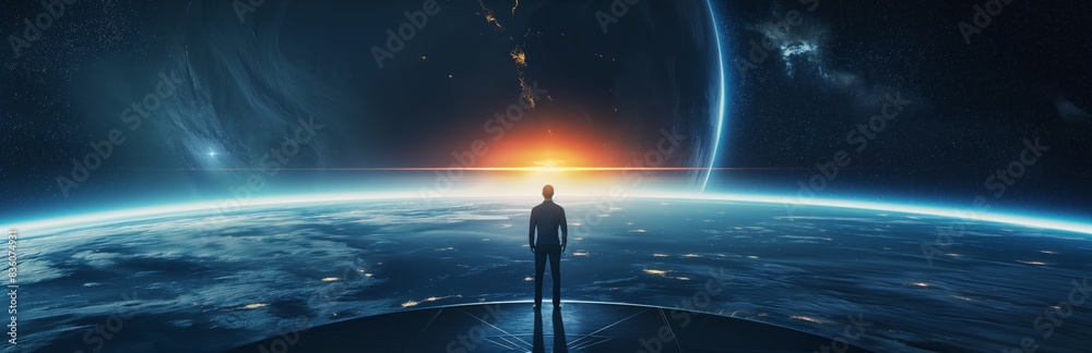 A lone figure stands at the edge of a futuristic Earth, gazing at a cosmic sunrise A lone figure stands at the edge of a futuristic Earth, gazing at a cosmic sunrise