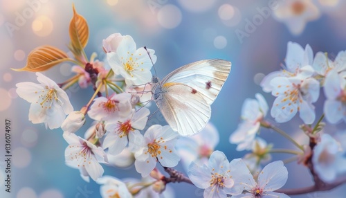 Ethereal Beauty: White Butterfly and Blossoming Cherry in Spring Light