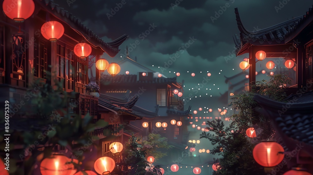Fototapeta premium Colorful Chinese lanterns illuminate a bustling street in Shanghai. 
