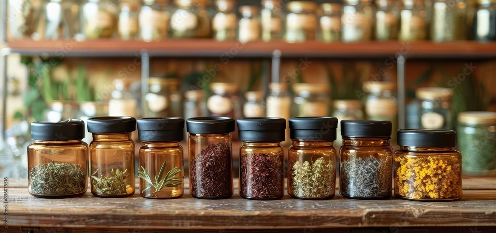 Assortment of glass jars filled with herbs and spices, arranged on a wooden table. Assortment of glass jars filled with herbs and spices, arranged on a wooden table.