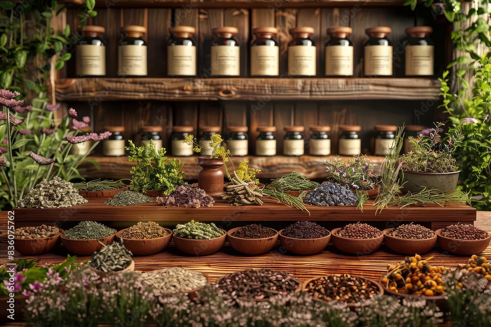 Wooden shelves filled with herbs, spices and dried flowers. Wooden shelves filled with herbs, spices and dried flowers.