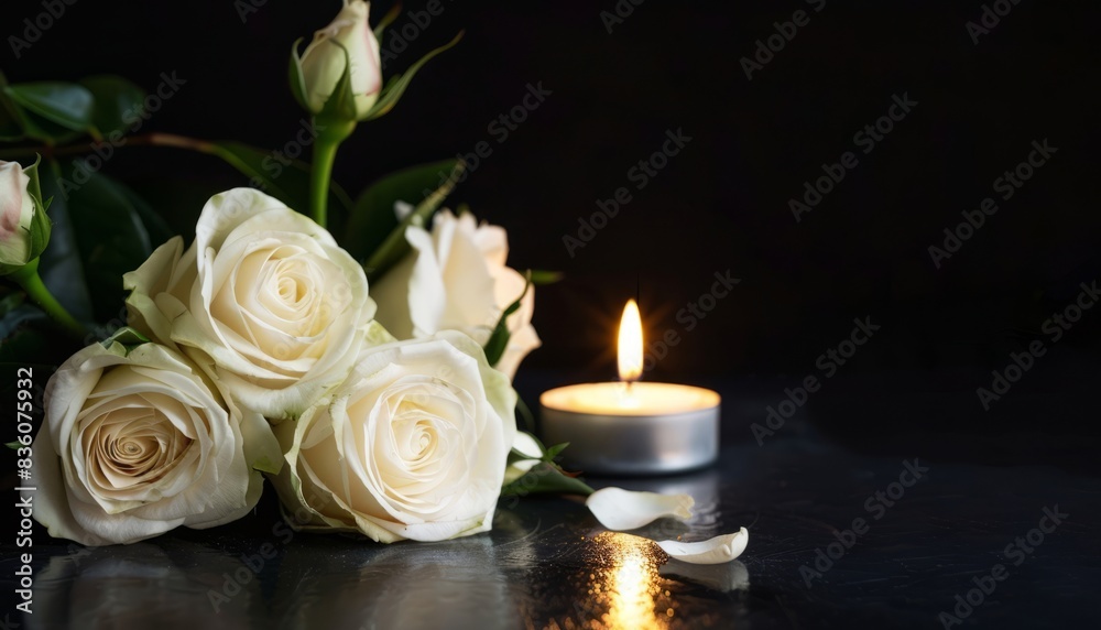 Elegance in Mourning: White Roses and Candle on Black Table Elegance in Mourning: White Roses and Candle on Black Table