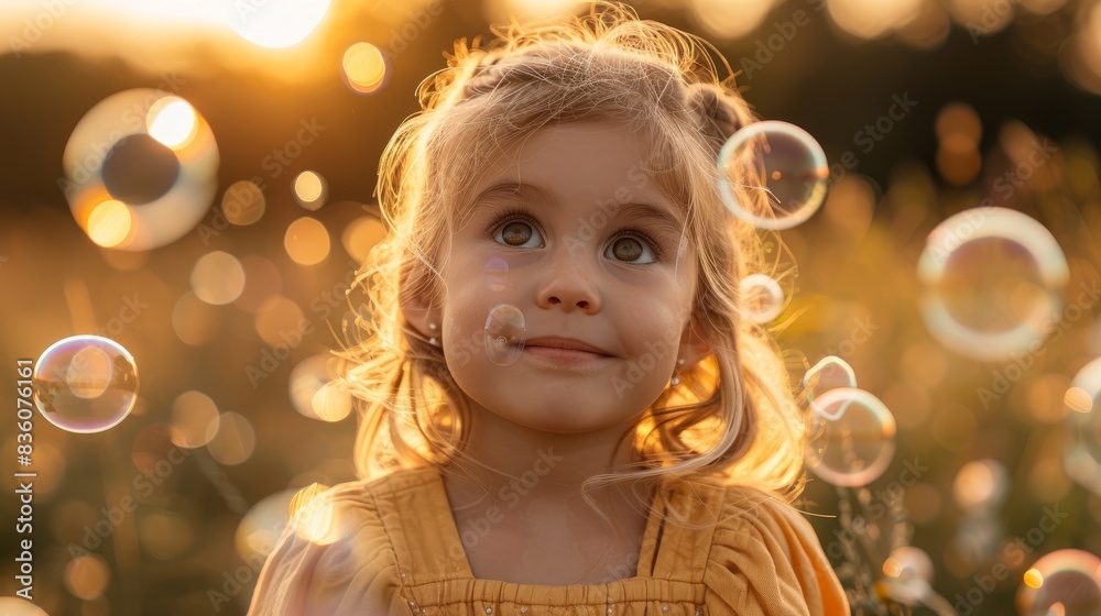 Five years old caucasian child girl blowing soap bubbles outdoor at sunset - happy carefree childhood Five years old caucasian child girl blowing soap bubbles outdoor at sunset - happy carefree childhood