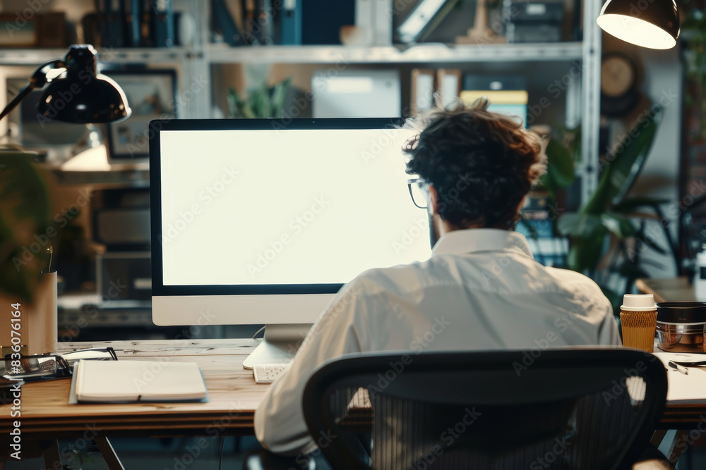 Creative professional engrossed in work on a large screen in a cozy office setup. Creative professional engrossed in work on a large screen in a cozy office setup.