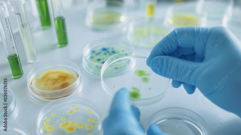A close-up image of a scientists gloved hand holding a petri dish containing a green substance. The dish is surrounded by other petri dishes, some containing blue substances. This image could be used A close-up image of a scientists gloved hand holding a petri dish containing a green substance. The dish is surrounded by other petri dishes, some containing blue substances. This image could be used