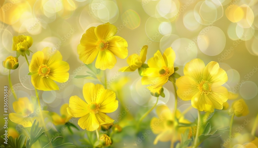 Fototapeta premium Sunny Splendor: A Closer Look at Beautiful Yellow Flowers in Bokeh Background
