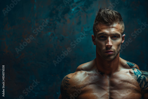 Muscular bodybuilder posing against a blue background, copy space