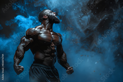 Muscular bodybuilder posing with blue smoke  screaming testosterone athlete