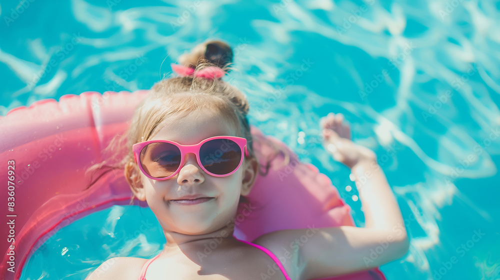 Close up portrait of a happy little girl wearing pink sunglasses and sitting on an inflatable ring in a swimming pool on a sunny summer day