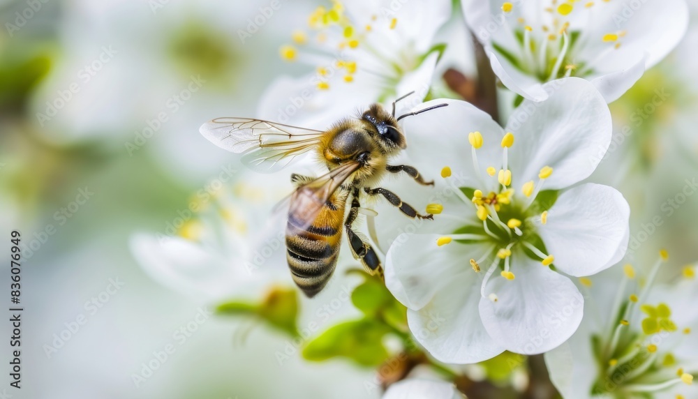 Capturing the Essence: A Close-Up of a Bee on a White Flower in AR 7:4 Capturing the Essence: A Close-Up of a Bee on a White Flower in AR 7:4
