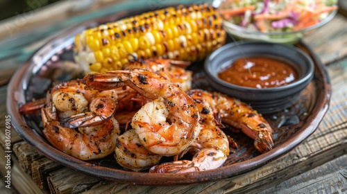 A plate of Cajun-style grilled shrimp served with spicy remoulade sauce, corn on the cob, and coleslaw, on a wooden picnic table at a backyard cookout.