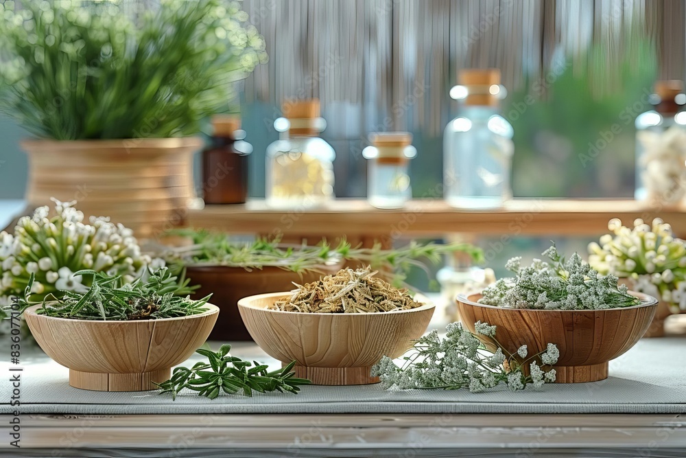 Wooden shelves filled with herbs, spices and dried flowers. Wooden shelves filled with herbs, spices and dried flowers.
