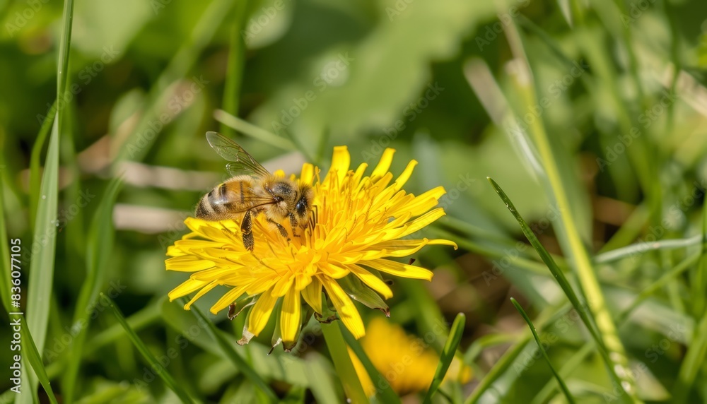 The Buzzing Beauty: A Close-Up of Bees Pollinating Yellow Dandelions in a Blooming Meadow The Buzzing Beauty: A Close-Up of Bees Pollinating Yellow Dandelions in a Blooming Meadow