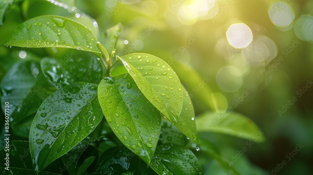 Close up of green leaves with dew drops, sunlight bokeh background Close up of green leaves with dew drops, sunlight bokeh background