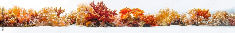 Fototapeta premium Waves of vibrant coral, warm and inviting, undulating energetically on a clean white background, reminiscent of tropical ocean reefs