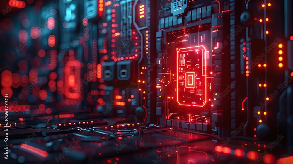Closeup of a futuristic circuit board with glowing red lights Closeup of a futuristic circuit board with glowing red lights
