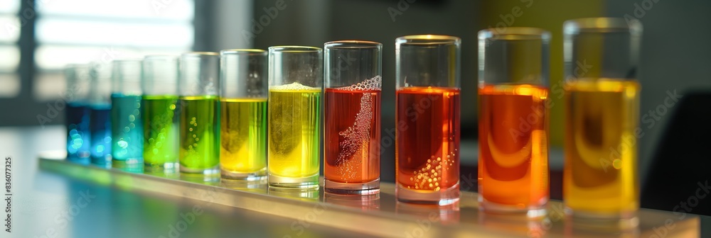 Vibrant test tubes filled with various colored liquids lined up in a laboratory Vibrant test tubes filled with various colored liquids lined up in a laboratory