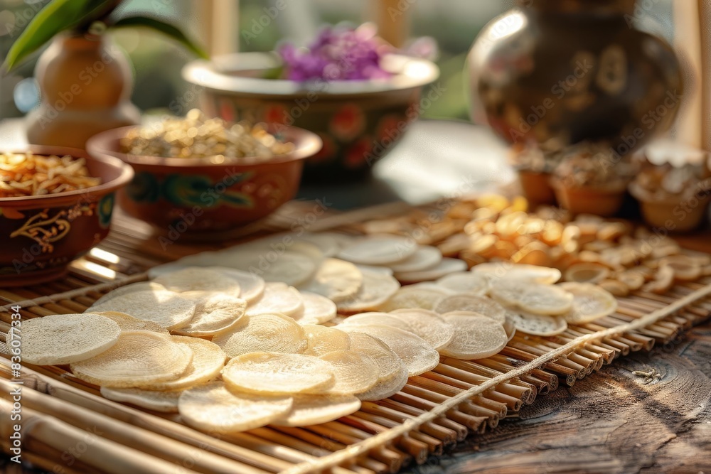 Dried banana chips arranged on a bamboo mat with other dried ingredients in the background. Dried banana chips arranged on a bamboo mat with other dried ingredients in the background.