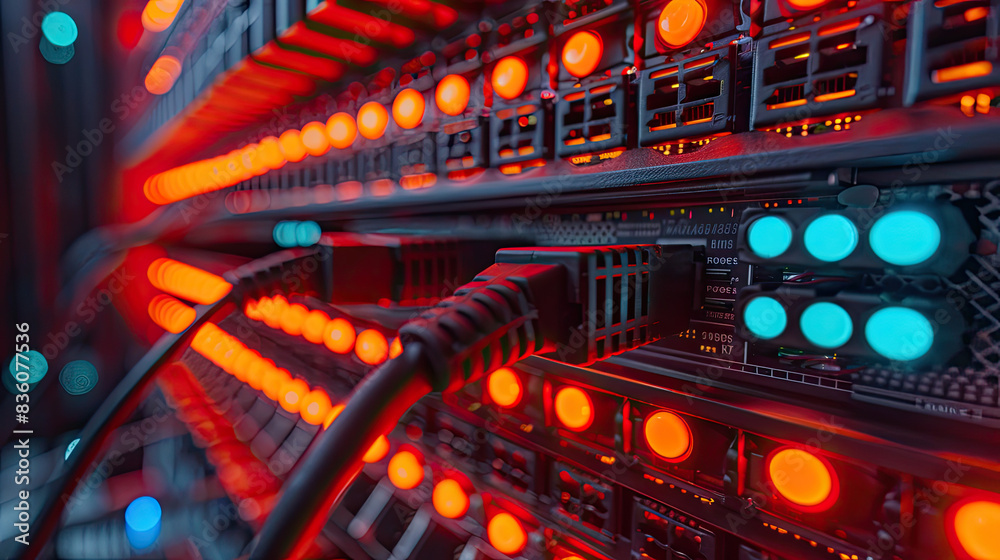 Closeup of a server with ethernet cables plugging in, detailed textures, top view, showcasing connectivity and technology Closeup of a server with ethernet cables plugging in, detailed textures, top view, showcasing connectivity and technology