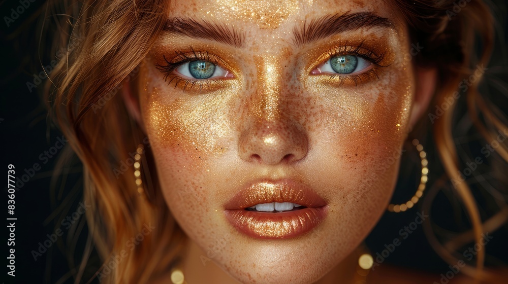 Gold Woman skin. Beauty fashion model girl with Golden make up, hair and jewellery on black background. Gold Woman skin. Beauty fashion model girl with Golden make up, hair and jewellery on black background.