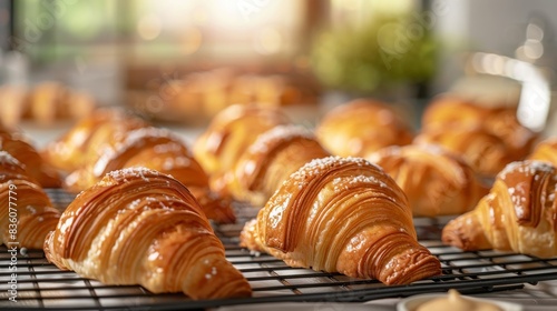Golden croissants cooling on a wire rack in a sunlit bakery, highlighting the flaky texture and delicious aroma of fresh pastries. Concept of baking, freshness, and culinary delight.
 photo