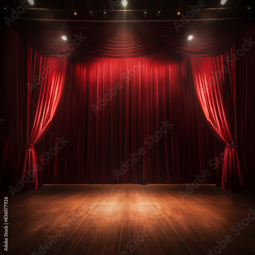 Red curtains on wooden stage. Premiere and product presentation. Show and cinema. Empty scene, no people. Sing and karaoke concept. Photography generated by Ai technology