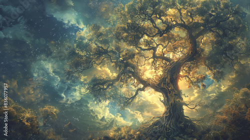 Majestic tree illuminated by glowing light in a mystical forest  surrounded by vibrant clouds and a dreamy atmosphere.