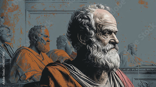 vintage illustration of Plato discussing Philosopher-King ideas and theory with peers photo