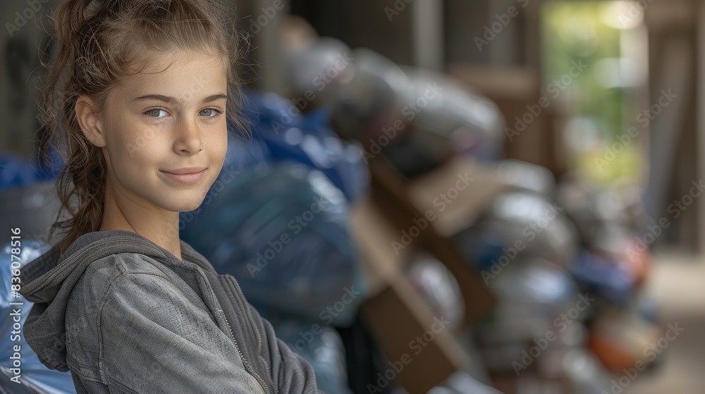 Portrait of a smiling teenage girl wearing a grey hoodie, sitting amidst scattered items in a cluttered room. Concept of adolescence, casual, and everyday life.
