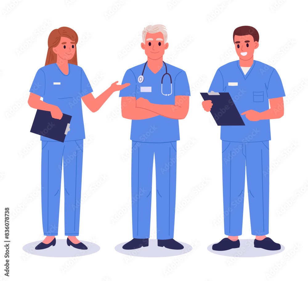 Cartoon nurses. Male and female nurses wearing professional uniform with clipboards in hands, medical clinic workers flat vector illustration set. Hospital professional staff Cartoon nurses. Male and female nurses wearing professional uniform with clipboards in hands, medical clinic workers flat vector illustration set. Hospital professional staff