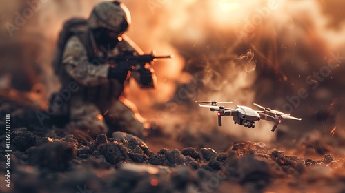  Soldier operating a drone amidst a fiery battlefield with intense flames in the background.