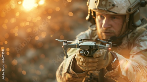  Soldier operating a drone amidst a fiery battlefield with intense flames in the background.