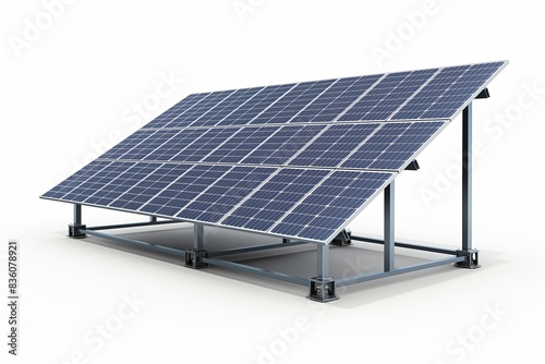 Solar panel array with six blue photovoltaic panels on a metal frame against a plain background