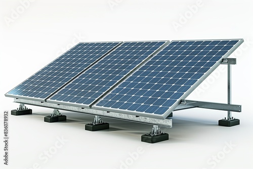Solar panel array with six blue photovoltaic panels on a metal frame against a plain background