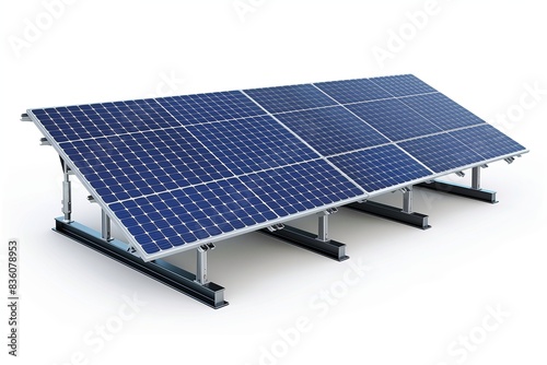 Solar panel array with six blue photovoltaic panels on a metal frame against a plain background