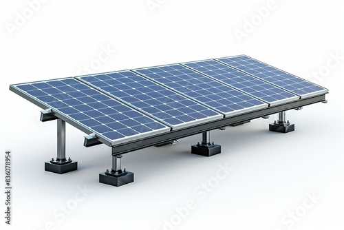 Solar panel array with six blue photovoltaic panels on a metal frame against a plain background
