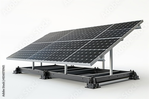 Solar panel array with six blue photovoltaic panels on a metal frame against a plain background