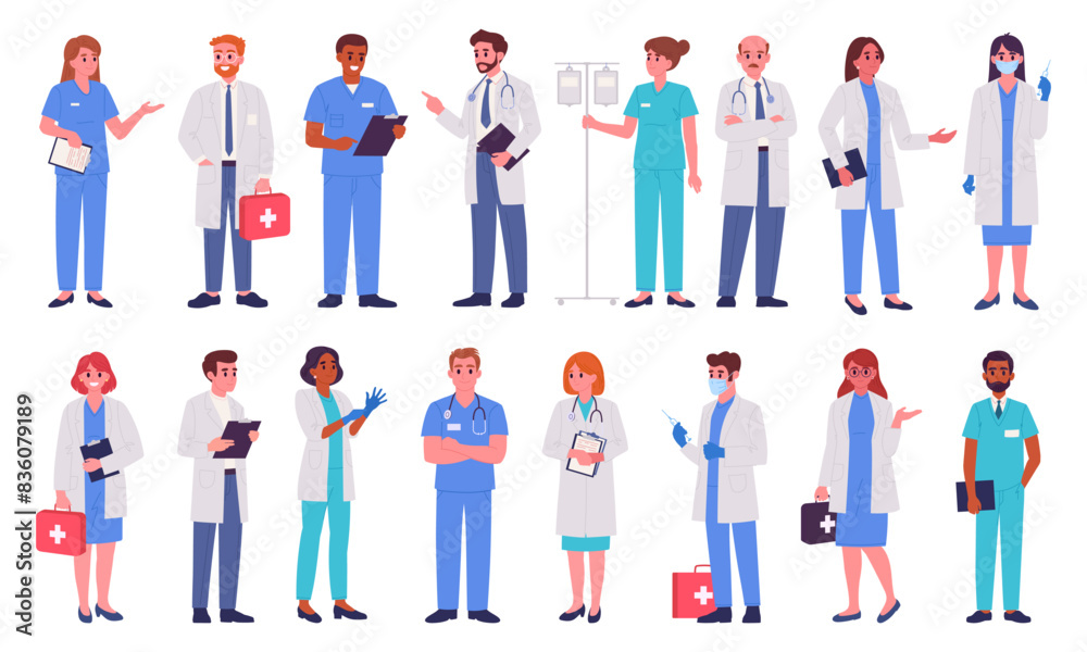 Doctors and nurses. Medical clinic workers, doctor, paramedic and nurse, hospital professional staff, therapist and anesthesiologist flat vector illustration set. Healthcare and medicine characters