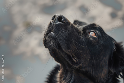 Close-up of a curious dog with human-like expression gazing upward intently.