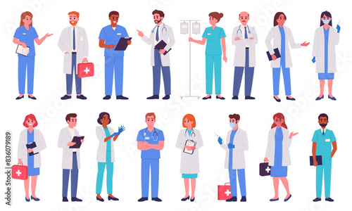 Doctors and nurses. Medical clinic workers  doctor  paramedic and nurse  hospital professional staff  therapist and anesthesiologist flat vector illustration set. Healthcare and medicine characters